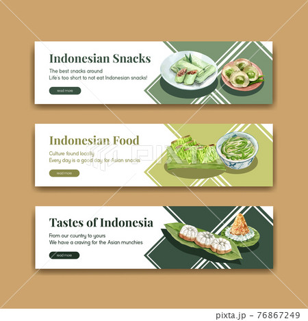 Banner template with Indonesian snack concept watercolor illustration Banner template with Indonesian snack concept watercolor illustration 76867249