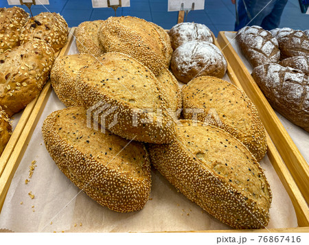 Wholemeal or wholegrain brown breads for sale at bakery Wholemeal or wholegrain brown breads for sale at bakery 76867416