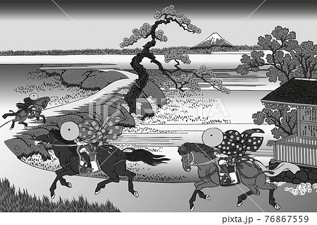 葛飾北斎イメージ隅田川関屋里白黒 76867559
