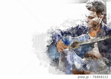 Man guitarist playing acoustic guitar in the foreground on Watercolor painting background and Digital illustration brush to art. Man guitarist playing acoustic guitar in the foreground on Watercolor painting background and Digital illustration brush to art. 76868222