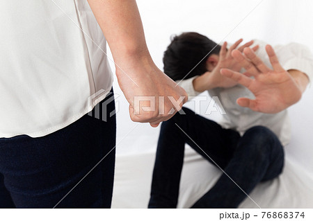 拳を握る女性に怯える男性 76868374