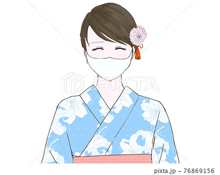 マスクをする笑顔の浴衣の女性 上半身 正面 のイラスト素材
