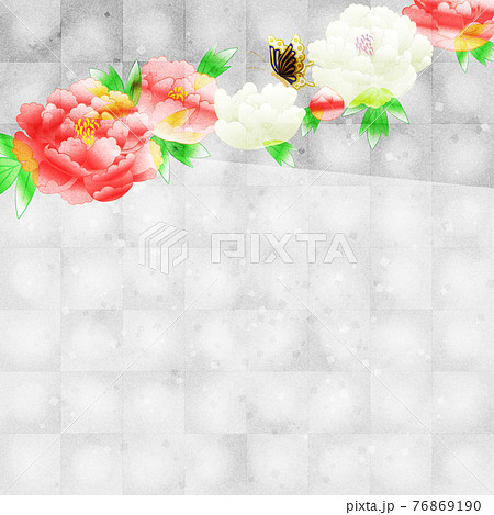 銀箔の背景に牡丹の花 コピースペースありのイラスト素材