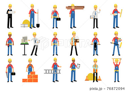 Constructor or Builder in Yellow Hard Hat Holding Shovel and Carrying Construction Material Vector Illustration Set 76872094