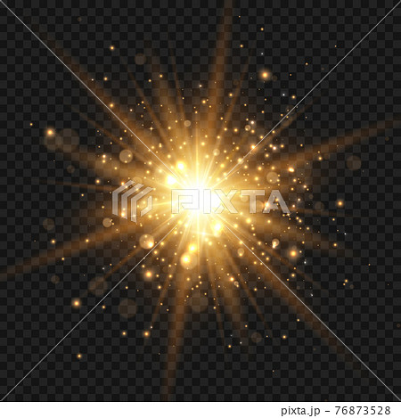 Glowing starburst with sparkles and rays. Golden light flare effect with stars and glitter isolated on transparent background. Vector illustration of shiny glow light effect with dust, gold lens flare 76873528