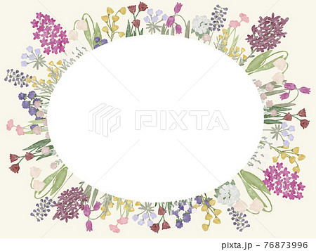カラフルな花柄の楕円形フレーム素材のイラスト素材