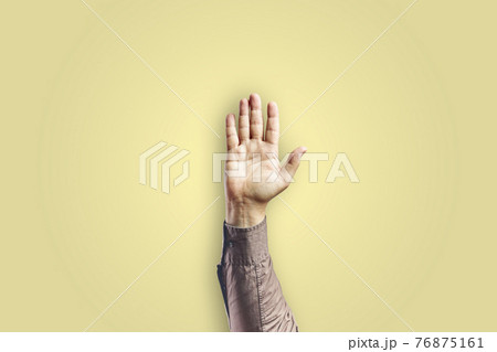 Man arm gesturing with open hand isolated on yellow background Man arm gesturing with open hand isolated on yellow background 76875161