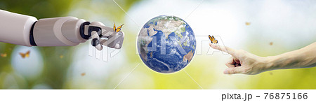 Planet Earth globe ball , Robot Hand and human hand, flying yellow butterfly on green sunny background. Saving environment, save clean planet, ecology concept. 3D Illustration. 76875166