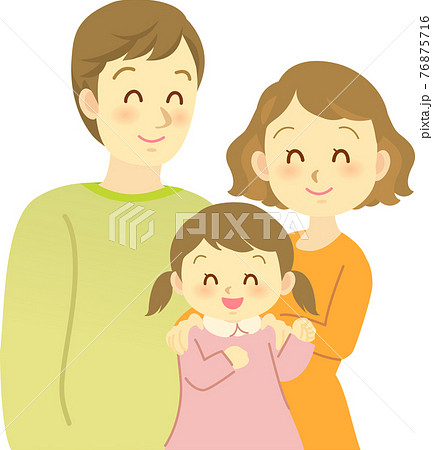 イラスト素材 3人家族 ママが女の子の肩に手を置いて娘もパパも全員笑顔の仲良しファミリーのイラスト素材