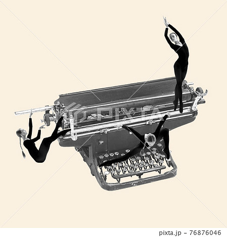 Contemporary art collage, modern design. Retro style. Tender ballet dancers on old-fashioned typewriter on yellow background Contemporary art collage, modern design. Retro style. Tender ballet dancers on old-fashioned typewriter on yellow background 76876046