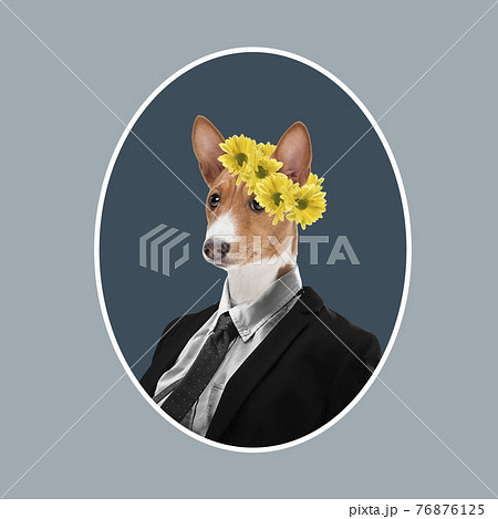 Contemporary art collage, modern design. Retro style. Medival styled portrait of dog in office suit with flowers on head on gray background Contemporary art collage, modern design. Retro style. Medival styled portrait of dog in office suit with flowers on head on gray background 76876125