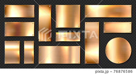 Realistic shiny metal banners set. Brushed steel plate with screws. Polished copper metal surface. Vector illustration. 76876586