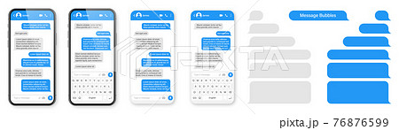 Realistic smartphone with messaging app. Blank SMS text frame. Messenger chat screen with blue message bubbles. Social media application. Vector illustration. Realistic smartphone with messaging app. Blank SMS text frame. Messenger chat screen with blue message bubbles. Social media application. Vector illustration. 76876599