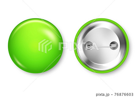 Realistic green blank badge isolated on white background. Glossy 3D round button. Pin badge, brooch mockup for product promotion and advertising. Vector illustration. 76876603