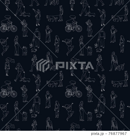 Black and white monochrome seamless pattern with many walking and standing people in summer clothes. Line art Black and white monochrome seamless pattern with many walking and standing people in summer clothes. Line art 76877967