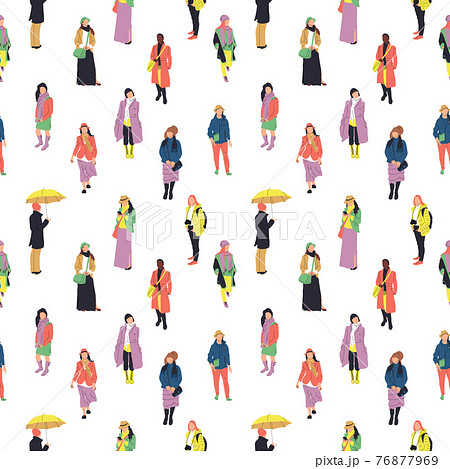 Colorful seamless pattern with silhouettes of many walking and standing people in warm clothes. 76877969