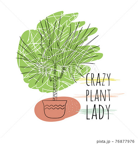 Minimalist inspirational quote crazy plant lady with black line art potted indoor house plant dracaena and abstract shapes background 76877976