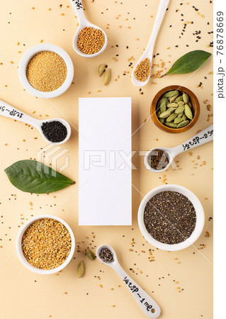 Healthy food ingredients, seeds superfood concept. Top view, copy space. 76878669