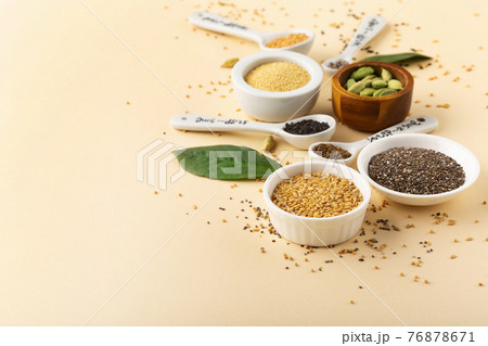 Healthy food ingredients, seeds superfood concept. Top view, copy space. Healthy food ingredients, seeds superfood concept. Top view, copy space. 76878671
