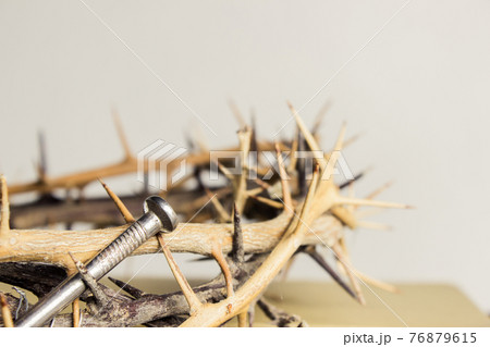 A thorn crown with nails and Holy Bible on a wooden table over the light background.  76879615