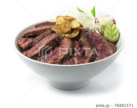 Beef Steak Rice Bowl Donburi Medium Rare ontop Crispy Garlic and wasabi 76881571