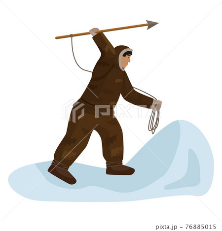 Composition traditional Eskimo hunting isolated on white background. Man hunting on animal with spear. 76885015