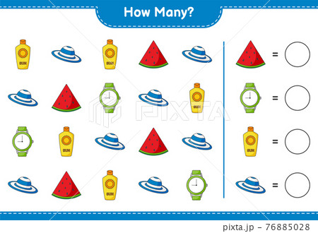 Counting game, how many Watermelon, Sunscreen, Watches, and Summer Hat. Educational children game, printable worksheet, vector illustration Counting game, how many Watermelon, Sunscreen, Watches, and Summer Hat. Educational children game, printable worksheet, vector illustration 76885028