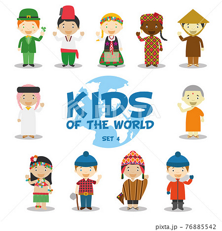 Kids of the world vector illustration: Nationalities Set 4. Set of 11 characters dressed in different national costumes (Ireland, Turkey, Poland, Mali, Vietnam, Saudi Arabia, Nepal, Hawaii, Canada, 76885542