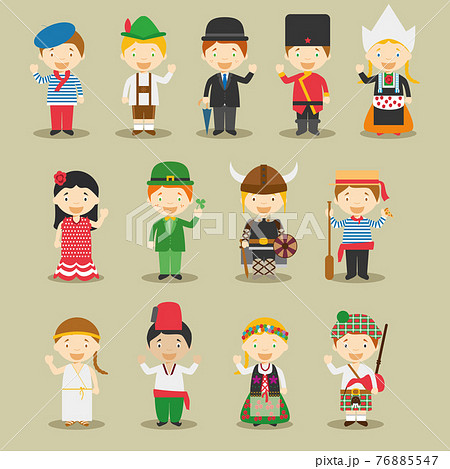 Kids and nationalities of the world vector: Europe Set 1. Set of 13 characters dressed in different national costumes. Kids and nationalities of the world vector: Europe Set 1. Set of 13 characters dressed in different national costumes. 76885547