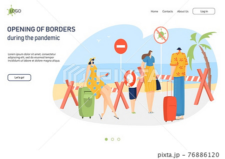 Opening country border during coronavirus pandemic, people arrive tropical place landing web banner, flat vector illustration. Opening country border during coronavirus pandemic, people arrive tropical place landing web banner, flat vector illustration. 76886120