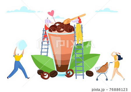 People tiny character together start with dessert coffee drink, sweetness smoothies ice cream flat vector illustration, isolated on white. 76886123