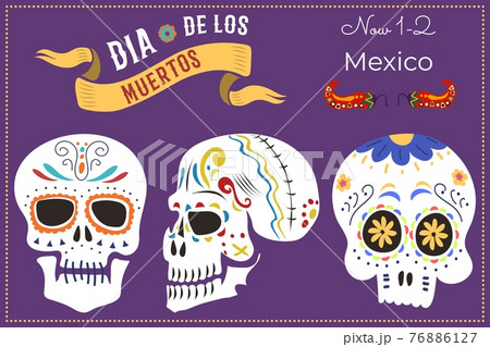 Invitation card banner, celebrate day of dead in mexico three skull, celebrating postcard dia de los flat vector illustration. Invitation card banner, celebrate day of dead in mexico three skull, celebrating postcard dia de los flat vector illustration. 76886127
