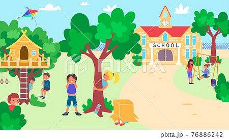 Little cheerful children playing schoolyard, kid character together funny time spent playground green park flat vector illustration. Little cheerful children playing schoolyard, kid character together funny time spent playground green park flat vector illustration. 76886242