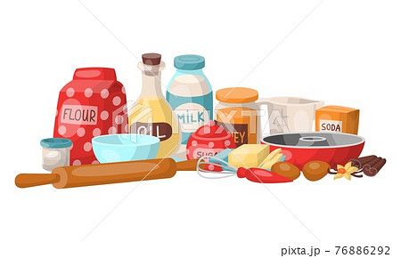 Set cooking stuff device, ingredient for sweetness cake preparation, flour confectionery foodstuff flat vector illustration, isolated on white. 76886292