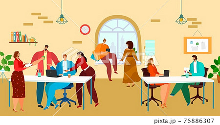 Teamwork character people work together, solving business problem, coworking space industry command flat vector illustration. 76886307