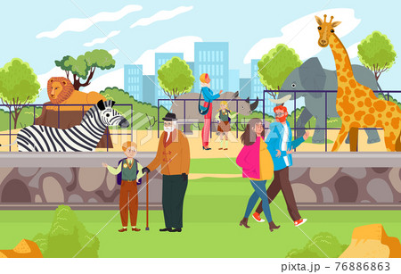Happy cheerful family time spending in zoo, people character observe wild tropical zebra, giraffe and lion animal flat vector illustration. 76886863