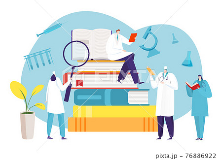 Medical research associate, university higher education institution textbook, tiny student flat vector illustration, isolated on white. 76886922