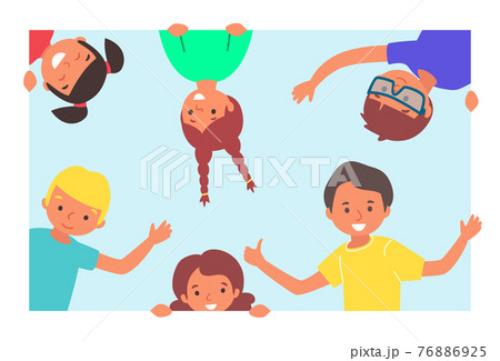 Cheerful group young kid people character together smiling frame board, teenager wave hand flat vector illustration, isolated on white. 76886925