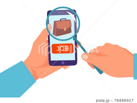 Work candidate search occupation job, male hand hold magnifying glass and mobile phone device flat vector illustration, isolated on white. 76886927