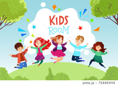 Group little cheerful happy children jumping outdoor field garden party, poster happy teenager entertain in forest flat vector illustration. Group little cheerful happy children jumping outdoor field garden party, poster happy teenager entertain in forest flat vector illustration. 76886948
