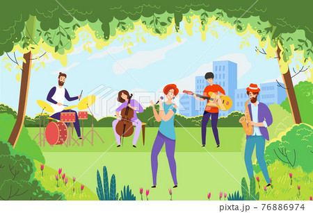 Creative city green outdoor garden park musical performance, young character artist play classic jazz music flat vector illustration. 76886974