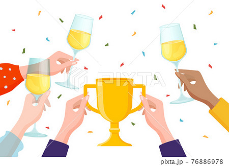 People celebrate winning championship, champion hand hold golden cup, glass champagne flat vector illustration, isolated on white. People celebrate winning championship, champion hand hold golden cup, glass champagne flat vector illustration, isolated on white. 76886978