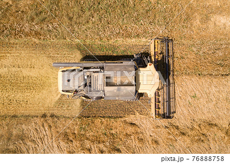Aerial view of combine harvester harvesting large ripe wheat field. Agriculture from drone view. Aerial view of combine harvester harvesting large ripe wheat field. Agriculture from drone view. 76888758