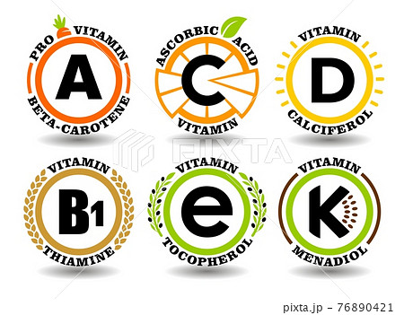 Creative concept vector set of A, B, C, D, E, K vitamin complex signs with flat graphic sun symbol, cartoon fruit icons, natural healthy food stamps, colorful organic oil pills, chemical names 76890421