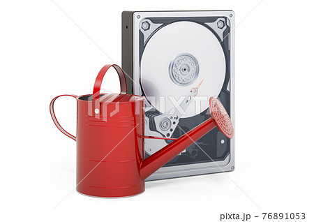 Cryptocurrency farming concept. Watering can with Hard Disk Drive, 3D rendering 76891053