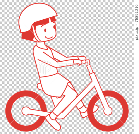 幼児用キックバイク　ヘルメット人物女児女の子バランスバイクの線画イラスト自転車運動のイメージ 76891316