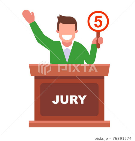 joyful person in the jury raises the rating plate 5. 76891574
