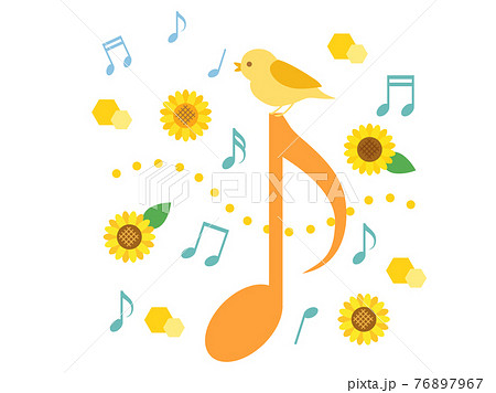 夏の音楽イメージイラストと音符と小鳥のイラスト素材