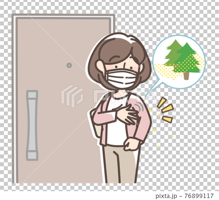 家に入る前に花粉を払う女性 76899117