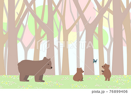 春が訪れ草花の咲く森で遊ぶクマの親子と蝶のイラストのイラスト素材